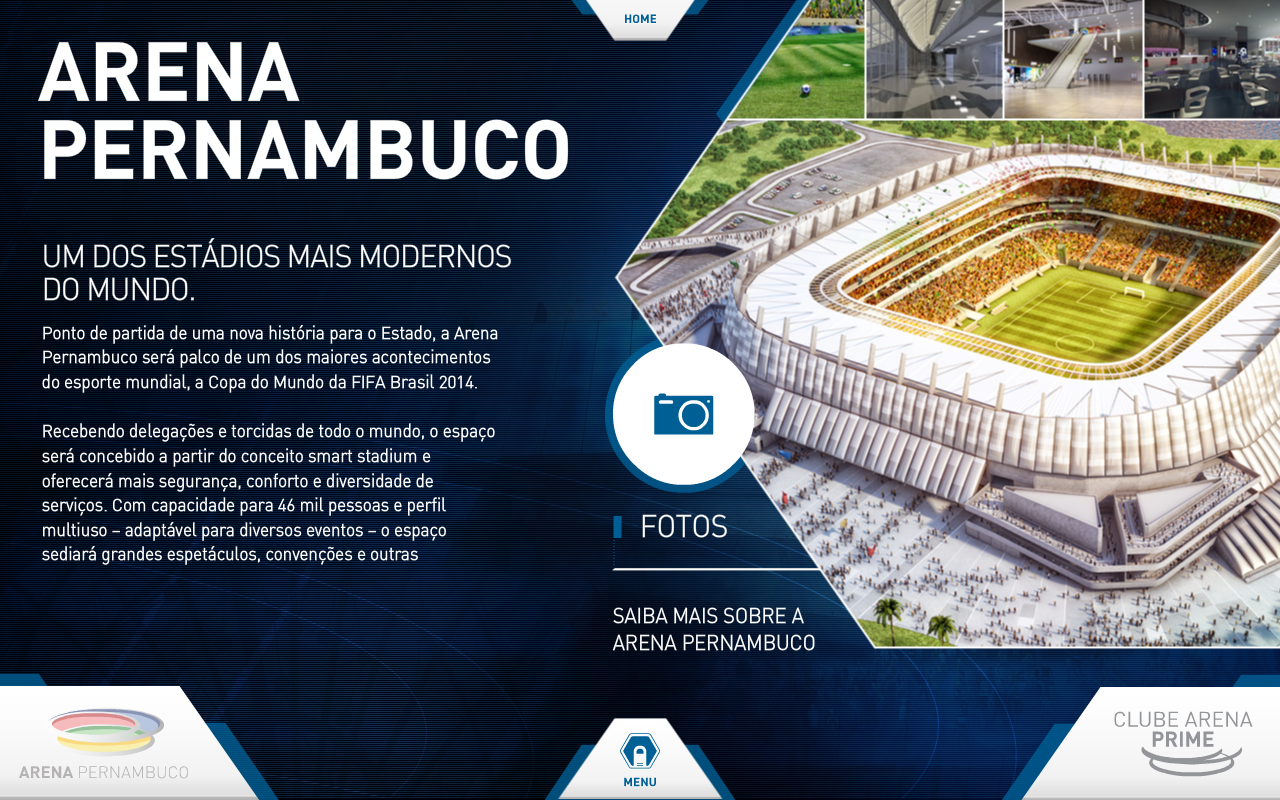 Arena Pernambuco info screen — 'UM DOS ESTÁDIOS MAIS MODERNOS DO MUNDO' headline with stadium description and photo access button