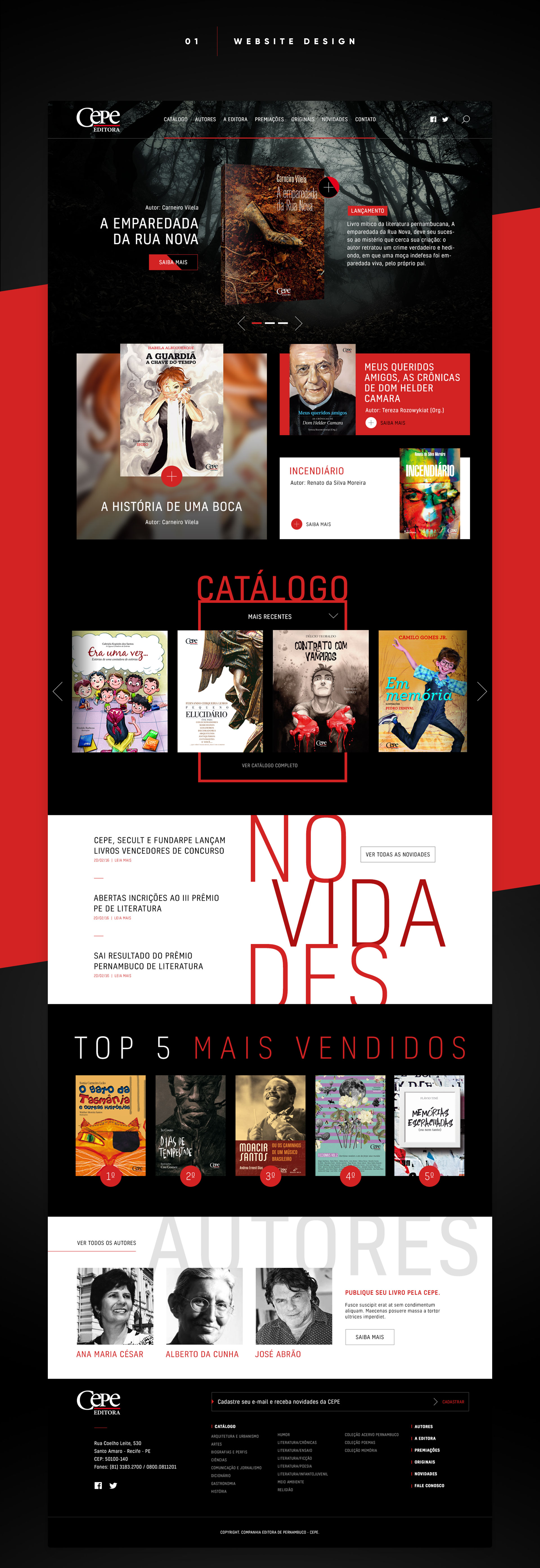 Close-up of the Cepe Editora homepage hero — book 'A Emparedada da Rua Nova' by Carneiro Vilela displayed against a dark atmospheric forest background, with bold red 'NOVIDADES' typography and a VER TODAS AS NOVIDADES call-to-action.