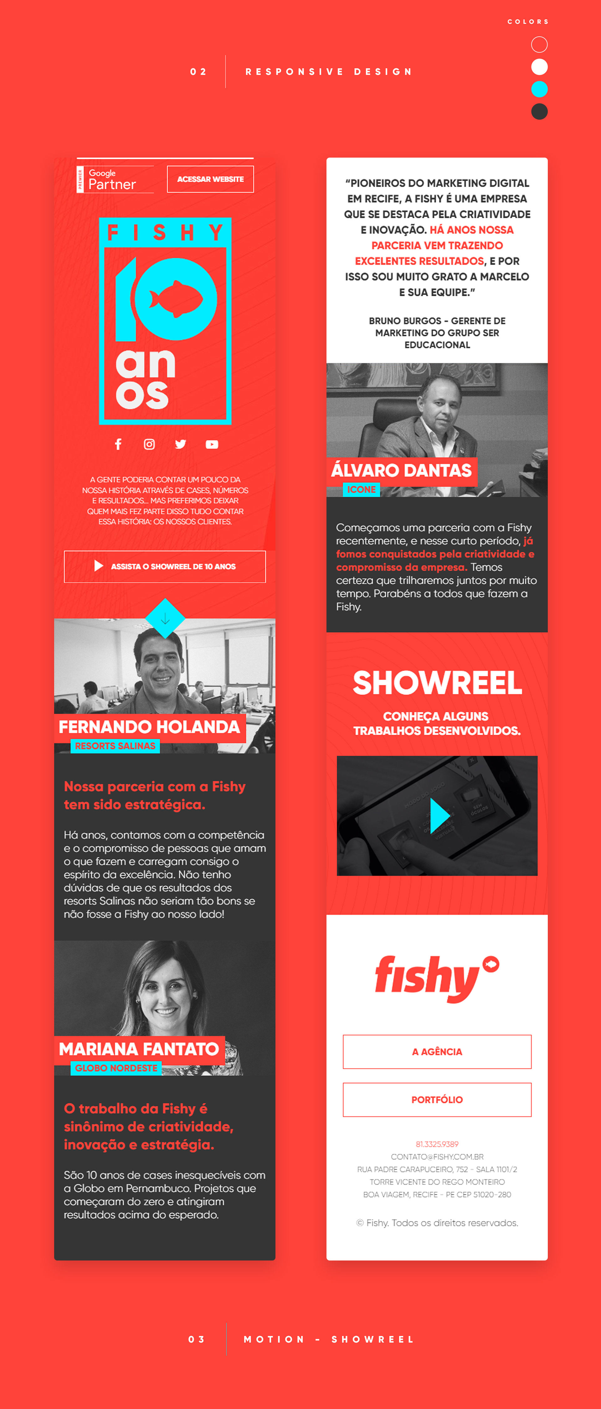 Responsive design and color palette (white, coral, cyan, dark). Mobile layouts of the Fishy 10 anos microsite: anniversary logo hero, testimonial cards, Fernando Holanda and Álvaro Dantas quotes, Showreel section, and Fishy footer with portfolio link. Motion showreel section label.