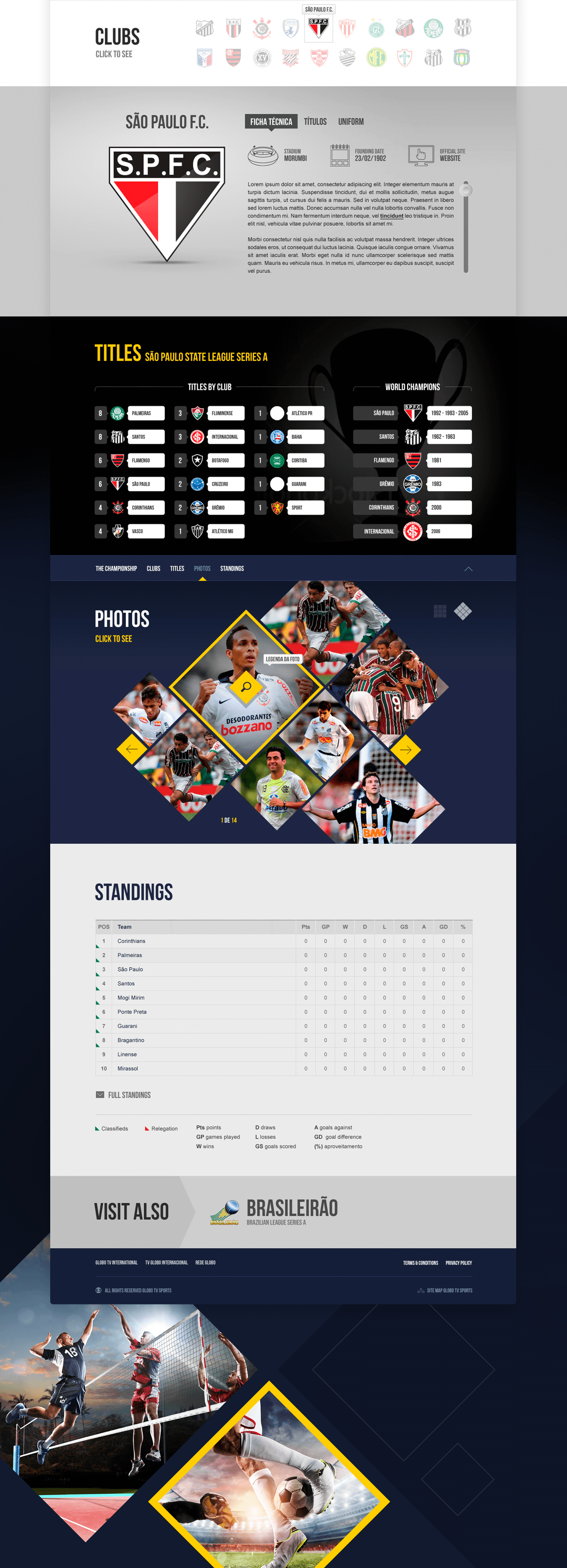 Clubs section — São Paulo F.C. club detail page showing the club crest, navigation tabs (The Championship, Clubs, Photos, Standings), a championship Titles table, a Photos gallery with player action shots, a league Standings table, and a Visit Also: Brasileirão cross-promotion footer.
