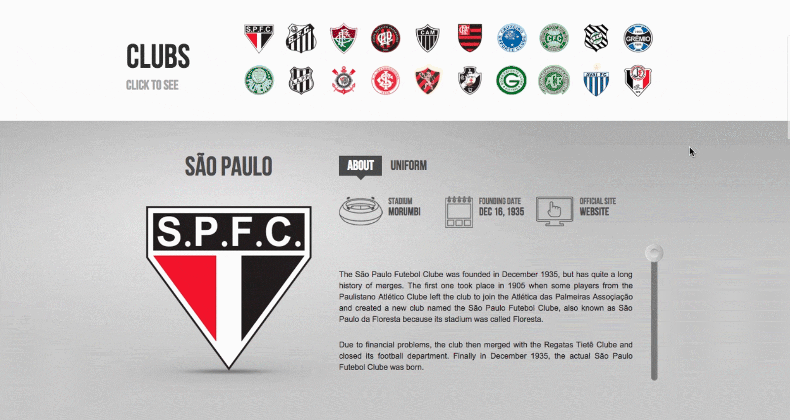 Animated demo showing the club selection interaction and the resulting club detail page layout.