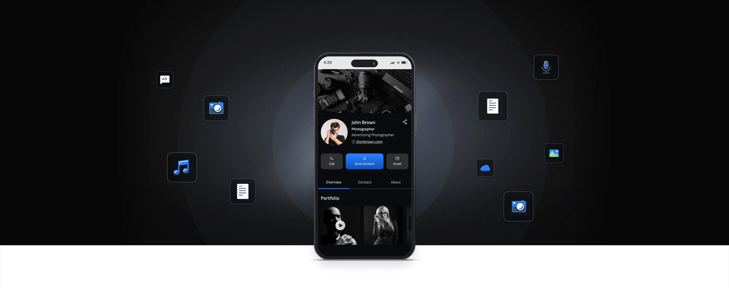 SendContact app hero — iPhone mockup displaying a virtual business card for John Brown, Photographer, with contact details and floating blue app icons against a dark background.