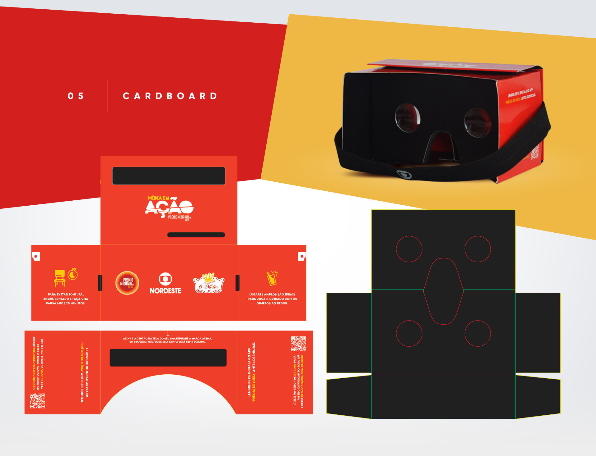 05 Cardboard. Die-cut template for the Mídia em Ação branded VR cardboard headset, showing the printed front panel with logos and the inner optical lens die-cut layout. A photo of the fully assembled headset is shown in the top right.