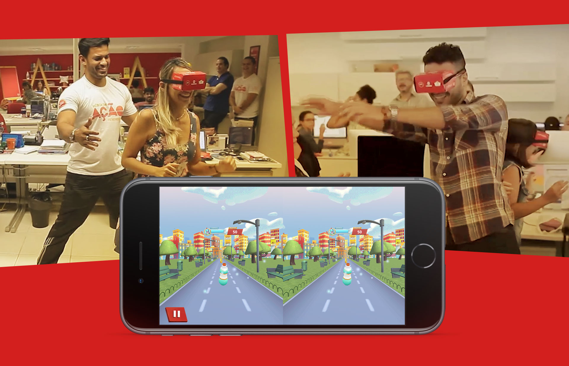 Two gameplay photos of players wearing branded VR cardboard headsets in an office setting. A phone in the foreground shows the split-screen VR city race in progress.